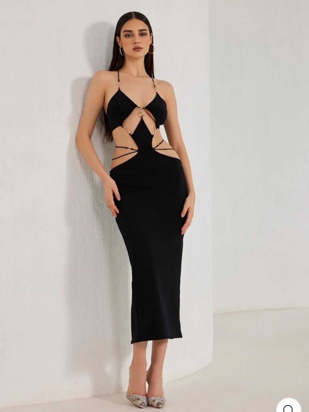 Vogue Black Cutout Midi Dress with Ring Accents. Size L